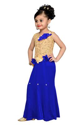 Blue Plain Velvet Kids Girl Gowns 3