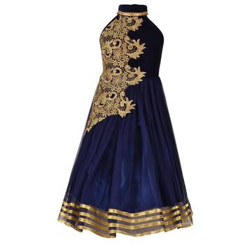 Navy Blue Embroidered Velvet Kids Girl Gowns 1