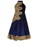 Navy Blue Embroidered Velvet Kids Girl Gowns