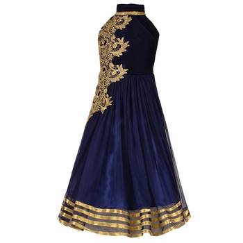 Navy Blue Embroidered Velvet Kids Girl Gowns 2
