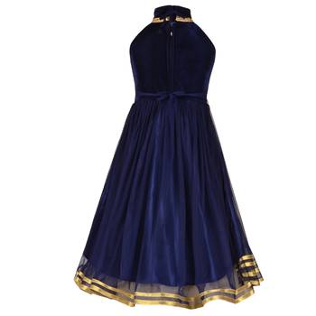 Navy Blue Embroidered Velvet Kids Girl Gowns 3