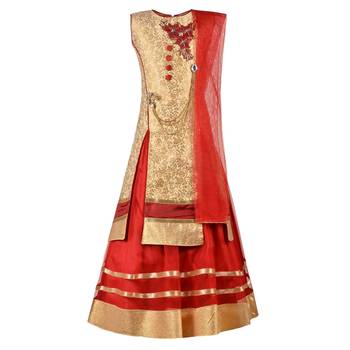 Gold Jacquard Jaquard Kids Lehenga Choli 1