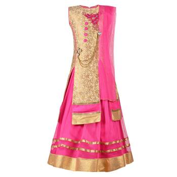 Gold Jacquard Jaquard Kids Lehenga Choli 1