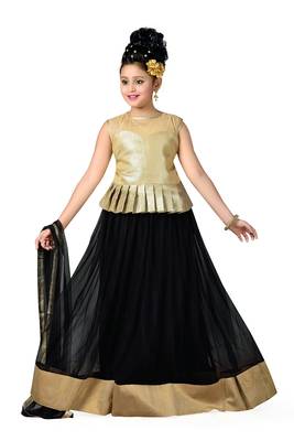 Gold Plain Fancy Fabric Kids Lehenga Choli 1