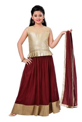 Gold Plain Fancy Fabric Kids Lehenga Choli 1