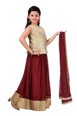 Gold Plain Fancy Fabric Kids Lehenga Choli 2