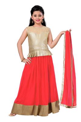 Gold Plain Fancy Fabric Kids Lehenga Choli 1