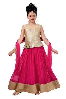 Gold Plain Fancy Fabric Kids Lehenga Choli 1