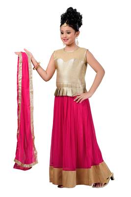 Gold Plain Fancy Fabric Kids Lehenga Choli 2