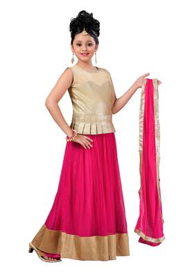 Gold Plain Fancy Fabric Kids Lehenga Choli 3