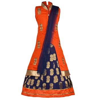 Orange Embroidered Art Silk Kids Lehenga Choli 1
