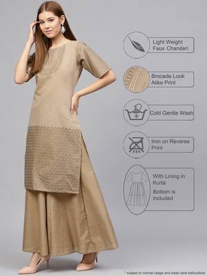 Beige printed chanderi kurti with bottom 2