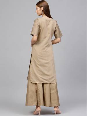 Beige printed chanderi kurti with bottom 3