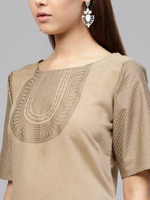 Beige printed chanderi kurti with bottom 4