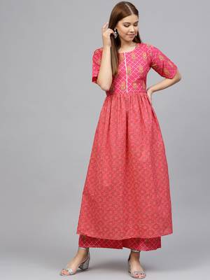 Pink printed cotton kurti with pant 1