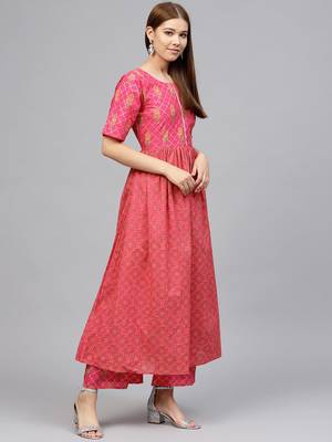 Pink printed cotton kurti with pant 3