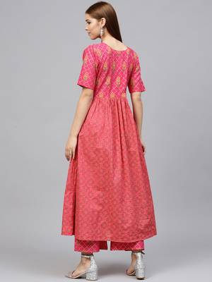 Pink printed cotton kurti with pant 4