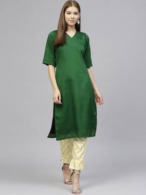 Green plain polyester kurti with pant 1