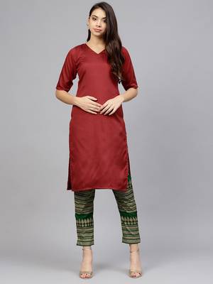 Red plain polyester kurti with pant 1