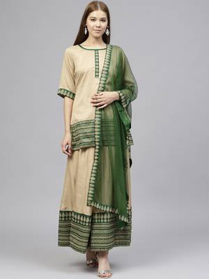 Beige printed polyester kurtis with Dupatta & Sharara 1