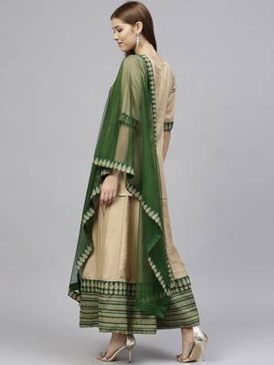 Beige printed polyester kurtis with Dupatta & Sharara 3