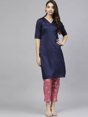 Blue plain polyester kurti with pant 1