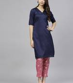 Blue plain polyester kurti with pant