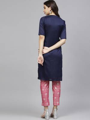 Blue plain polyester kurti with pant 3