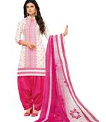 White And Pink Cotton Printed Dress Material With Dupatta