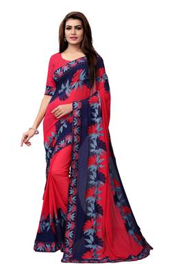 Pink embroidered georgette saree with blouse 1