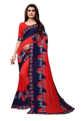 Red embroidered georgette saree with blouse 1