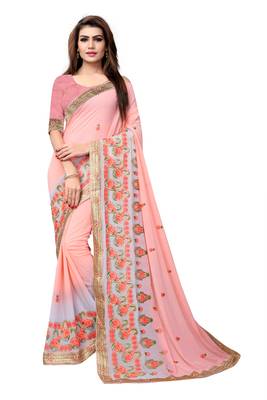 Peach embroidered georgette saree with blouse 1