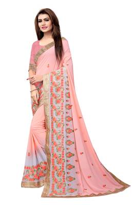 Peach embroidered georgette saree with blouse 2