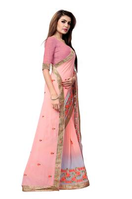 Peach embroidered georgette saree with blouse 3