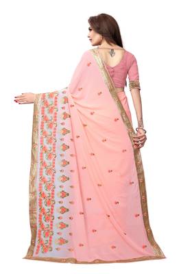 Peach embroidered georgette saree with blouse 4