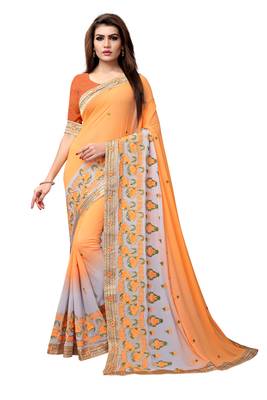 Orange embroidered georgette saree with blouse 1