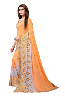 Orange embroidered georgette saree with blouse 2