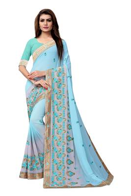 Blue embroidered georgette saree with blouse 1