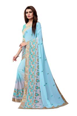 Blue embroidered georgette saree with blouse 2