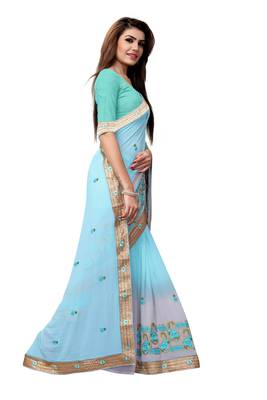 Blue embroidered georgette saree with blouse 3