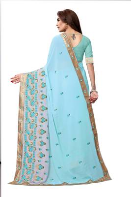 Blue embroidered georgette saree with blouse 4