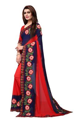 Red embroidered georgette saree with blouse 2