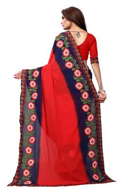 Red embroidered georgette saree with blouse 4