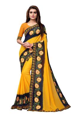 Yellow embroidered georgette saree with blouse 1