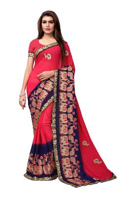 Pink embroidered georgette saree with blouse 1