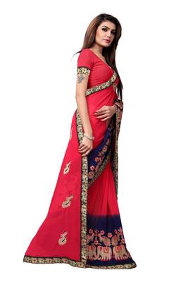 Pink embroidered georgette saree with blouse 3