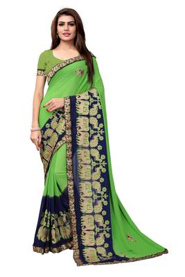 Green embroidered georgette saree with blouse 1