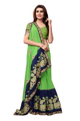 Green embroidered georgette saree with blouse 4