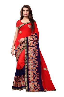 Red embroidered georgette saree with blouse 1