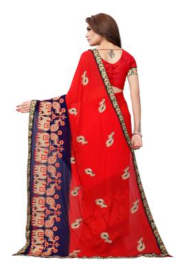 Red embroidered georgette saree with blouse 3